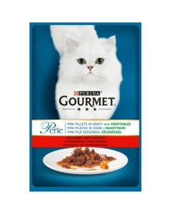 Hrana umeda pentru pisici, Mini-fileuri in sos cu Vita, Morcovi si Legume, plic 85 g, Purina Gourmet Perle