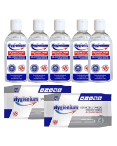 Pachet Hygienium Virucid: 5 x Gel dezinfectant maini 50 ml + 2 x Servetele umede dezinfectante 48 buc, avizat Ministerul Sanatatii