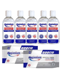 Pachet Hygienium: 5x Gel dezinfectant pentru maini 50 ml + 2x Servetele umede antibacteriene/dezinfectante 48 buc