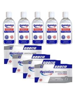Pachet Hygienium: 5x Gel dezinfectant pentru maini 50 ml + 4xServetele umede antibacteriene/dezinfectante 48 buc