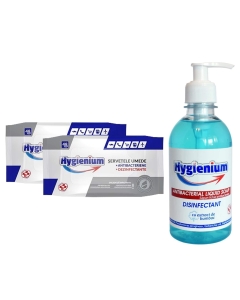 Pachet Hygienium: Sapun lichid dezinfectant 300 ml + Biocid Servetele umede dezinfectante  2x48 buc, avizat Ministerul Sanatatii