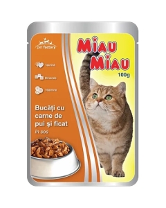 Miau Miau Mancare umeda pisici cu carne de pui si ficat in sos, 100 g