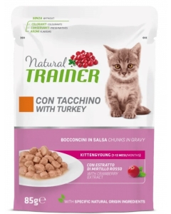 Hrana umeda pentru pisici junior, Bucati de Curcan in sos 85 g x 12 buc, Natural Trainer Maintenance Kitten & Young