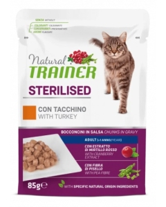 Hrana umeda pentru Pisici Adulte Sterilizate, cu Bucati de Curcan in sos,  85 g x 12 buc, Natural Trainer