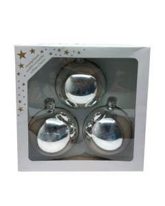 Set 3 globuri de sticla argintii, 8 cm, lucioase