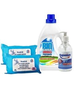 Pachet cu dezinfectant maini: Hygienium Gel antibacterian 1000 ml + 2xServetele umede dezinfectante 60buc + Detergent igienizant suprafete 1L