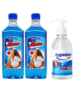 Pachet dezinfectant Mona Spirt/Alcool Sanitar 2x500ml + Hygienium Virucid Gel dezinfectant maini 300 ml, avizat Ministerul Sanatatii