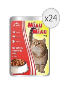 Pachet Miau Miau Mancare umeda pisici cu carne de vita in sos, 100 g x 24 buc