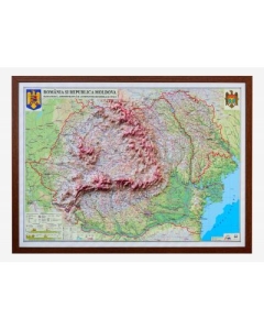 Romania si Republica Moldova. Harta fizica, administrativa si a substantelor minerale utile, proiectie 3D 1400x1000mm (3DGHRCD1400)