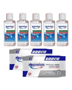 Pachet Hygienium Virucid: 5 x Gel dezinfectant maini 85 ml + 2x Servetele Umede Dezinfectante 48 buc, avizat Ministerul Sanatatii