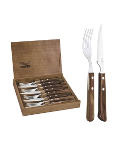 Set 4 furculite si 4 cutite pt friptura cu maner maro Churrasco in cutie de lemn