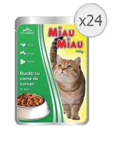 Pachet Miau Miau Mancare umeda pisici cu carne de curcan in sos, 100 g x 24 buc