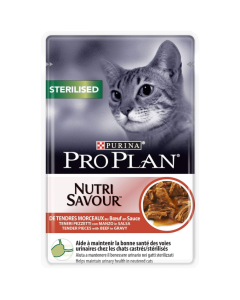 Hrana umeda pisici sterilizate, bucati fragede cu vita in sos 85g, Purina Pro Plan- Nutri Savour