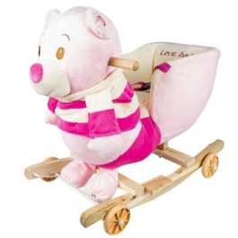 Balansoar pentru bebelusi Ursulet lemn  plus cu rotile roz 55 cm