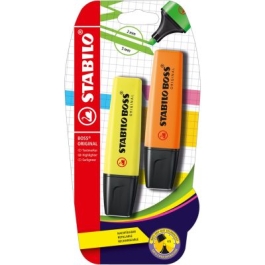 Textmarker Stabilo Boss Original corp plastic in culoarea cernelei varf retezat 2-5 mm galben portocaliu 2 bucatiblister