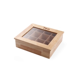 Cutie pentru pliculete ceai, 12 compartimente, 300x280x(H)90 mm, cadru lemn, capac transparent, Hendi