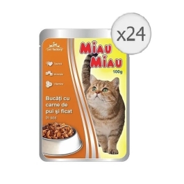 Pachet Miau Miau Mancare umeda pisici cu carne de pui si ficat in sos, 100 g x 24 buc