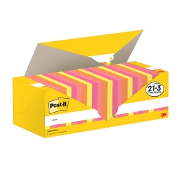 Notite adezive, Post-it, 76 x 76 mm, multicolor, 100 file/bucata, 21 + 3 gratuite, 100% PEFC