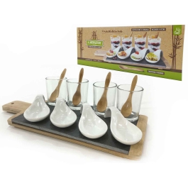 Set platou + 4 pahare din sticla + 4 lingurite din lemn + 4 linguri monoportie