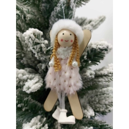 Figurina de agatat, copii cu schiuri alb-roz Xmas