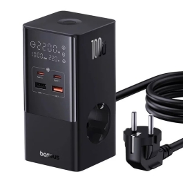 Incarcator de retea Baseus PowerCombo, cu prelungitor, 100W, 2x AC, 2x USB-C, 2x USB-A, 1.5m, Negru