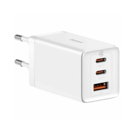 Incarcator retea Baseus GaN5, 65W, 2x USB-C, 1x USB (cablu USB-C inclus) Alb