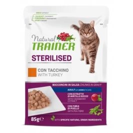 Hrana umeda pentru Pisici Adulte Sterilizate, cu Bucati de Curcan in sos,  85 g x 12 buc, Natural Trainer