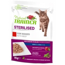 Hrana umeda pentru Pisici Adulte Sterilizate, cu Bucati de Vita in sos,  85 g x 12 buc, Natural Trainer