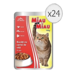 Pachet Miau Miau Mancare umeda pisici cu carne de vita in sos, 100 g x 24 buc