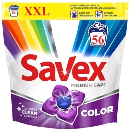 Detergent de rufe capsule Savex Premium Caps Color, curatare puternica, 56 capsule