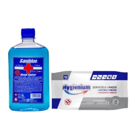  Pachet Saniblue Spirt/ Alcool Sanitar 70%, 500 ml si Hygienium Servetele Umede Dezinfectante Biocid 48 buc, avizat Ministerul Sanatatii