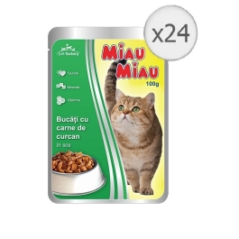 Pachet Miau Miau Mancare umeda pisici cu carne de curcan in sos, 100 g x 24 buc