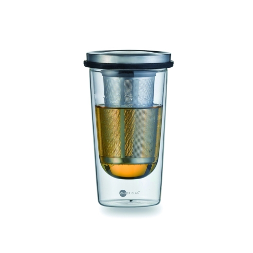 Set pentru ceai, infuzor din inox, cana din sticla cu pereti dubli, capacitate 350ml