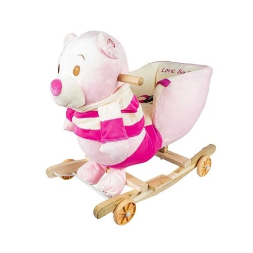 Balansoar pentru bebelusi Ursulet lemn  plus cu rotile roz 55 cm