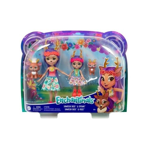 Enchantimals set papusi surori si animalutele lor. Danessa Deer cu Sprint si Danetta Deer cu Fleet