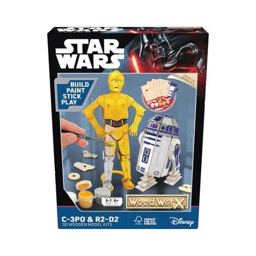 Macheta de asamblat Star Wars C-3PO amp R2D2 cu 110 piese din lemn  vopsea pensula si adeziv inclus