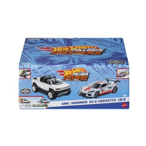 Set 2 masinute metalice pull back GMC Hummer EV si Corvette C8R 1:43 Hot Wheels