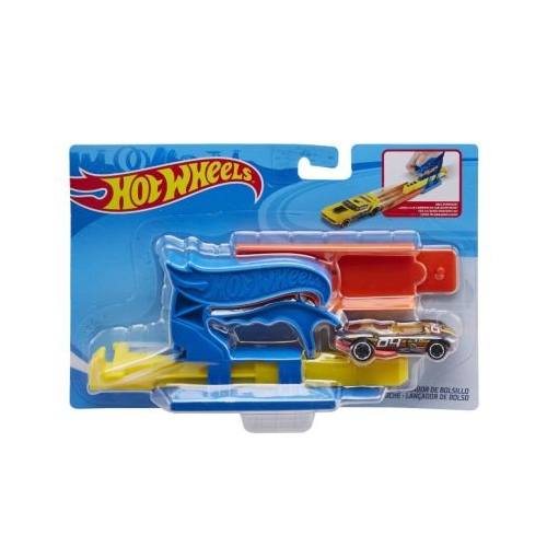 Set lansator portabil albastru si masinuta Hot Wheels