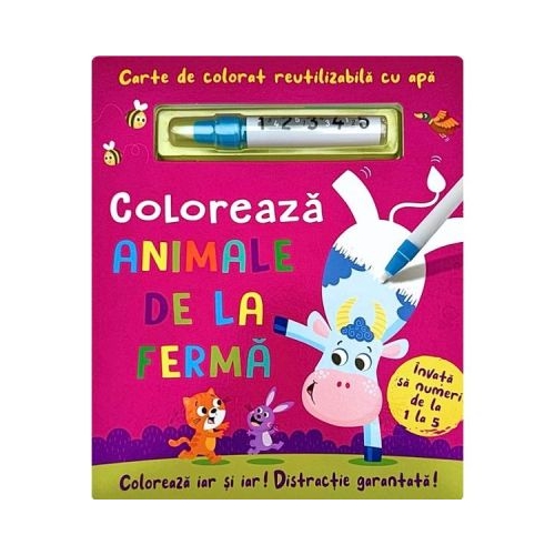 Coloreaza animale de la ferma. Carte reutilizabila cu apa