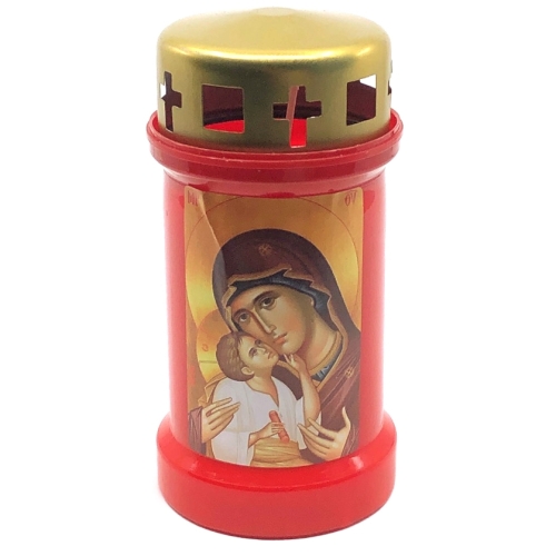 Candela din plastic rosie cu capac Nr. 3, Maica Domnului, durata 70 ore, Light Candel Art