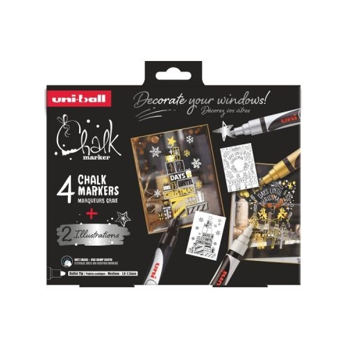 Set 4x Marker cu creta PWE-5M XMAS Scandinavian 1. 8-2. 5 mm  2 sabloane A3 UNI Chalk M1560