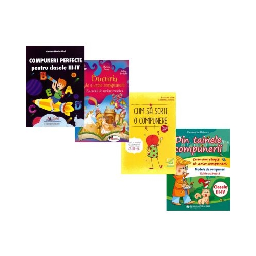 Pachet 4 carti Compunere clasele 3-4 Compuneri perfecte Bucuria de a scrie compuneri Din tainele compunerii Cum sa scrii o compunere - Mitoi Gianina-Maria Marcela Penes Carmen Iordachescu Madalina Florea