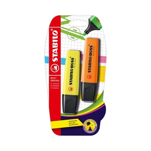 Textmarker Stabilo Boss Original corp plastic in culoarea cernelei varf retezat 2-5 mm galben portocaliu 2 bucatiblister