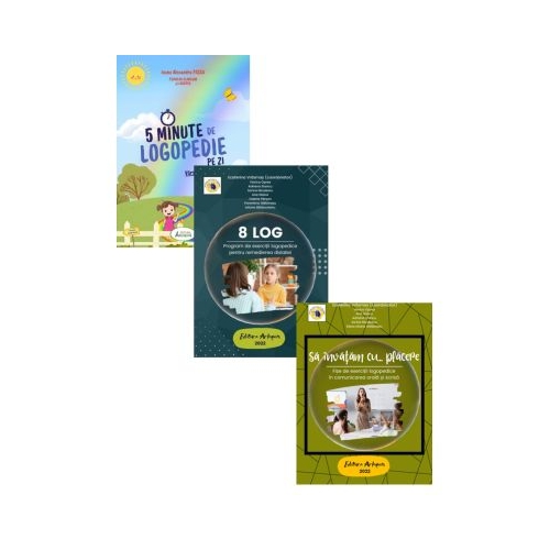 Pachet 3 titluri Fise de exerciti logopedice 8 LOG. Program de exercitii logopedice pentru remedierea dislaliei si 5 Minute de Logopedie pe zi Exercitii zilnice pentru dezvoltarea limbajului copiilor - Ecaterina Vrasmas Ioana Alexandra Pascu