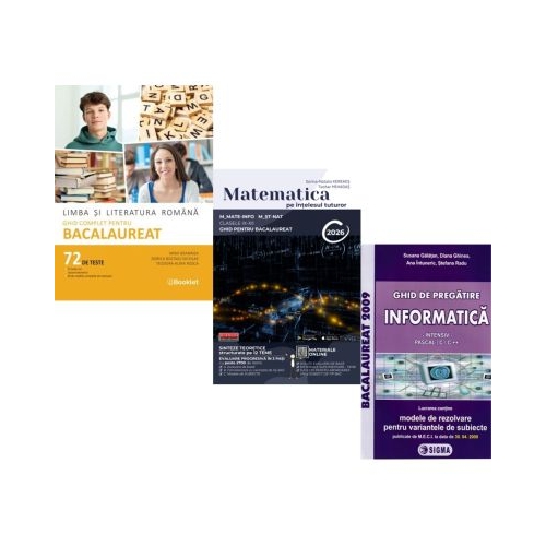 Pachet Bacalaureat 2026. Limba si literatura romana 72 teste complete Matematica pe intelesul tuturor M-mate-info M-stiintele naturii si Informatica. Ghid de pregatire clasele 11-12 intensiv Pascal CC - Mimi Gramnea Teohar Mihadas Susana Galatean