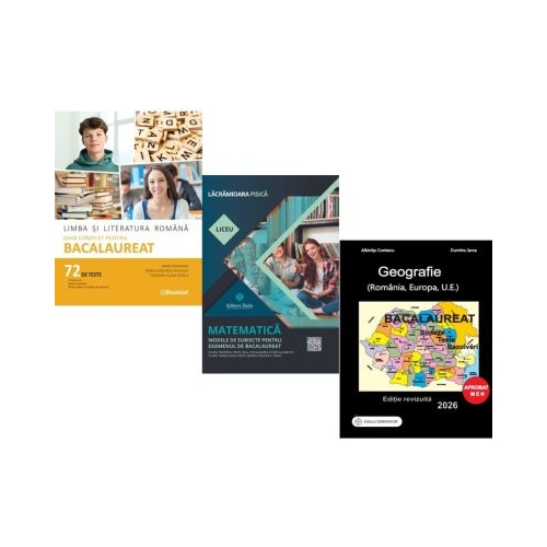 Pachet Bacalaureat 2026. Limba si literatura romana. Ghid complet cu 72 teste Matematica. Modele de subiecte pentru Filiera tehnologica Servicii si Geografie Sinteze Teste Rezolvari - Mimi Gramnea Lacramioara Pisica Albinita Costescu