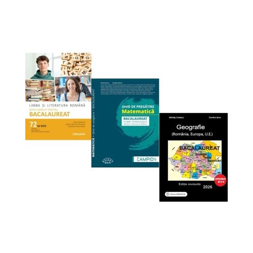 Pachet Bacalaureat 2026. Limba si literatura romana Ghid complet cu 72 teste Matematica filiera tehnologica servicii resurse si tehnic si Geografie Sinteze Teste Rezolvari - Mimi Gramnea Marius Burtea Albinita Costescu