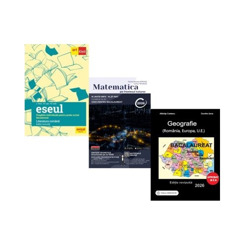 Pachet Bacalaureat 2026. Eseul. Pregatire individuala pentru proba scrisa Matematica pe intelesul tuturor M-mate-info M-stiintele naturii si Geografie Sinteze Teste Rezolvari - Liliana Paicu Teohar Mihadas Albinita Costescu