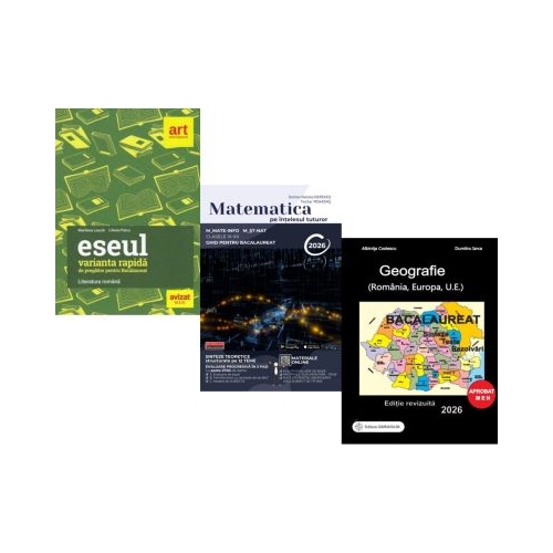 Pachet Bacalaureat 2026. Eseul. Varianta rapida de pregatire Matematica pe intelesul tuturor M-mate-info M-stiintele naturii si Geografie Sinteze Teste Rezolvari - Liliana Paicu Teohar Mihadas Albinita Costescu