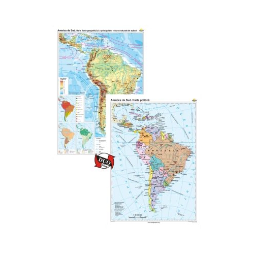 America de Sud. Harta fizico-geografica si a principalelor resurse naturale de subsol si America de Sud. Harta politica Duo Plus 100x140 cm CR-3114DPB